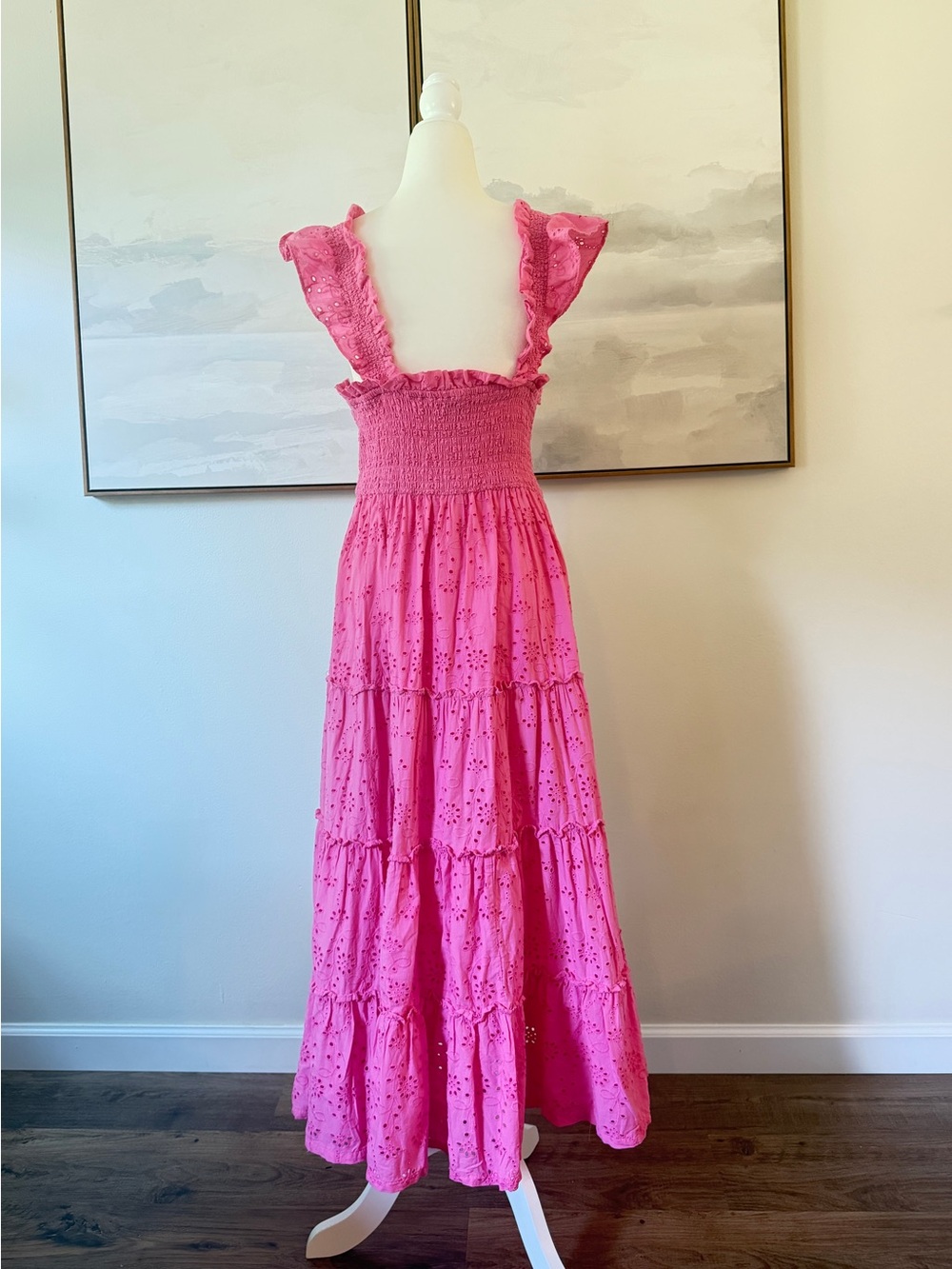 Gorgeous Cotton Pink Eyelet Tiered Midi Dress – Size Large - Picture 3 of 3